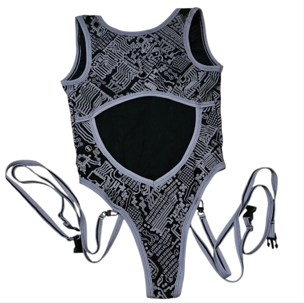 Awesome Reflective Circuit Rave Dance Wear Bodysuit With Leg Straps & Belt - Picture 13 of 14